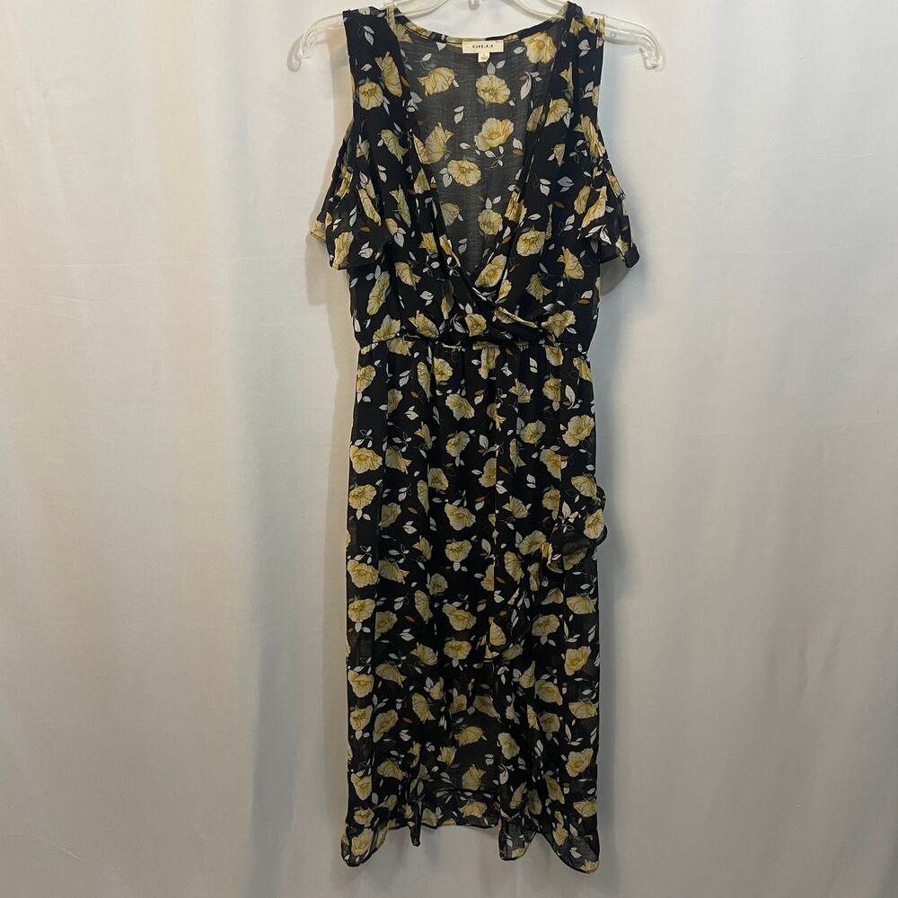 Gilli Black Yellow Floral High Low Cold Shoulder V-Neck Ruffles Dress Large